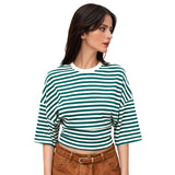 Women Summer Fashion Casual Elbow Sleeve T-Shirts Stripe Cinched Waist Crew Neck Tops Streetwear