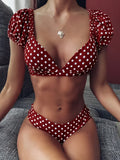Sexy V Neck Short Sleeve Bikinis Polka Dot Bikini Female Swimsuit Women Swimwear Two-pieces Bikini Set Bather Bathing Suit Swim
