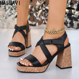 French Brown Roman Sandals for Women Square Toe 9cm Chunky Heel Platform Hook&Loop Big Size 34- 43 Modern Daily Lady Shoes New