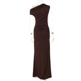 FDYOUI Woman Clothes Diagonal Collar Ruched Brown Long Dresses 2026 Summer Lady Chic One Shoulder Sleeveless Tunics Party Dress