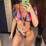 S - XXL Colorful Print High Waist Bikini Female Swimsuit Women Swimwear Three-Pieces Bikini Set Bather Bathing Suit Swim V2805