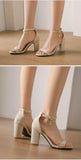 Beige Suede Ankle Strap Block Heel Sandals for Women, Round Open Toe with Rhinestone Accent, Multiple Colors Available