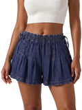 Womens Loose Fit Denim Shorts Drawstring Elastic Mid Rise Pleated Wide Leg Short Pants Casual Stylish Summer Skorts