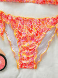 Women Cute Bikini Set 2025 New Summer Orange Floral Print Halter Ruffles Push Up Tie Side Thong Swimsuit Bathing Suit