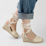 2026 Big Size 43 Summer Bohemian Espadrilles Sandals Women Ankle Wrap Gladiator Sandals 6CM Wedges Heels Platform Shoes Woman