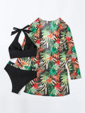 Halter Print Bikini 2026 Women Swimsuit With Kimono High Waist Swimwear Female Bathers Bathing Swimming Swim Suit Beachwear