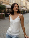 Fashion Summer Satin Tank Tops Women Solid Color Deep V Neck Sleeveless Adjustable Spaghetti Strap Lace Patchwork Vest