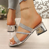 Luxury Gold Thick Heeled Sandals Women Summer Plus Size Square Toe Crystal Sandles Woman Fashion Slip On High Heel Party Shoes