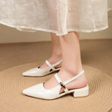 White Leather Pointed Toe Low Heel Heels Woman Shoes Pumps Fashion Buckle Strap Mules Sandals Zapatos Mujer