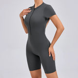 Padded Backless Yoga Cycling jumpsuit  Women Zipper GYM Sportswear Fitness One Piece Sports Suit V Back Workout Playsuit