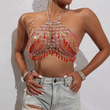 Sexy Women Metal Gem Chain Neck Hanging Backless Vest Bra Hot Girl Tassel Vest Women's Tight Fit Short Top Party Clubwear