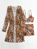 New Sexy 3 Pieces Suit for Women Neck Hanging Bikini Set+Cover-up Swimwear Sunproof Tankini High Waist Shorts Swimsuit Beachwear