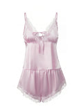 2026 Summer Women Pajama Sets Lace Trim Satin Babydoll Camisole Tops and Shorts Sets Lounge Sleepwear