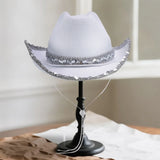 Women Shiny Sequined Wide Brim Cowboy Hat Western Style Sun Cap for Club Party