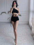 Sexy Korean Fashion One Shoulder Crop Top Mujer Black Drawstring Shorts Bottoms Bikinis Sets Two Pieces Swimsuit Padded Swimwear