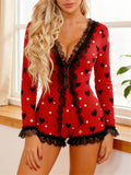 Women's Valentine's Day Heart Print Pajamas Shorts Romper Long Sleeve V Neck Lace Trim Jumpsuit Sleepwear