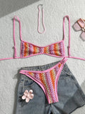 Crochet Striped High Leg Cut Brazilian Bikini Female Swimsuit Women Swimwear Two-pieces Bikini Set Bather Bathing Suit Swim Lady