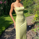 Women's Summer Sexy Bodycon Dress Spaghetti Strap Sleeveless Backless Slim Fit Floral Printed Long Dresses