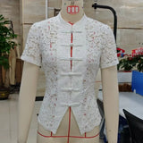 Women's Summer Short Sleeve Mandarin Collar Button Up Shirt Elegant Floral Lace Front Frog Button Closures Mesh Top for Party
