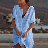 Cotton Linen Breathable And Comfortable Mid Length Oversized Button Down Half Sleeve O-neck Cardigan Casual Beach Suncreen Top