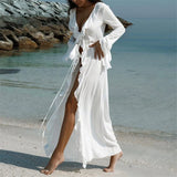 New Sexy V Neck Ruffled Long Sleeve Chiffon Tunic Beach Cover Up Cover-ups Beach Dress Beach Wear Beachwear Female Women V5976