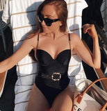 2026 High Quality Sexy One Piece Swimsuit Swimwear Women Push Up Pit Striped Metal Chain Straps Bathing Suit Beachwear with Belt