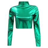 Women Metallic Long Sleeve Crop Tops Shiny Stretch Mock Neck T Shirt Dance Clubwear Ladies Slim Fit Blouses Gold Silver Costumes
