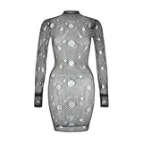 Women Sheer Mesh Long Sleeve Beach Cover Up, Sexy See-Through Fishnet Dress, Solid Bodycon  For Summer Beach Party