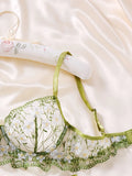 Fresh green  floral embroidered lace lingerie set-Sexy see-through chiffon half-cup shaping bra thong two-piece set ZA825194