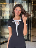 Ahagaga Fashion Women's Mini Dresses Solid Short Sleeves Bows Sheath Slim Fit Bodycon Hollow Out Summer Leisure Sports Vestidos