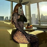 New With Gloves Leopard Print Jumpsuit Long-sleeved Transparent Tight Bodysuit Sexy Backless Body Stockings Long Pants Hot Tops