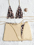 2026 Summer Leopard Print 3 Pieces Suit Swimwear Reversible Sexy Halter Lace-up Bikini Set Drawstring Skirt Cover Up Beachwear