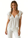 Women's Summer Tiered Cap Sleeve Crop Tops Dot Print V-Neck Cute Back Bow Babydoll Tee