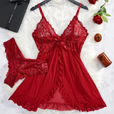 Transparent Red Lingerie Women's Underwear Sleepwear Lace Nightdress And Panty Pijamas Sets Female Nighty