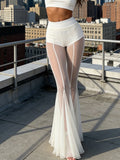 Fashion Women's Flared Pants Elastic High Waist Sheer Mesh Bell Bottoms Trousers Sexy Club Party Summer Streetwear