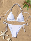 New Women Swimsuit Ribbed Backless Pads Bikini Set Halter Triangle Bra Side Tie Thong Swimwear Beachwear Lady Bathing Suit