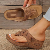 Pink Flower Wedge Heel Flip Flops Women Summer Massage Sole Clip Toe Platform Slippers Woman Light Thick Bottom Beach Sandals