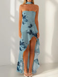 Women Summer Casual Tube Dress Fashion Solid Color/Floral Print High Low Ruffles Long Dresses with Scarf
