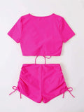Sexy Drawstring Bikini Set 2026 Women Green Black Short Sleeve Two Piece Swimsuit Summer Bathing Suit Pleate High Waist Swimwear