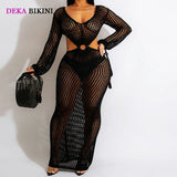 DEKA Women Knitted Backless Cover Up Swimsuit Long-sleeved Crochet Hollow Out Dress Summer Beach Vacation Outfit Beach Dress