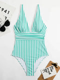 2026 Striped One Piece Swimsuit Sexy Swimwear Women V-neck Bathing Swimming Suit Female Summer Beachwear Bodysuit