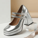 Big Size 32-46 Y2K Metallic Mary Jane High Heels Women Shoes Round Toe Double Straps Rhinestone Buckle Platform Block Heel Pumps