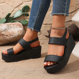 Black Pu Leather Chunky Sandals Women Plus Size 43 Summer Wedge Heels Sandals Woman Casual Slip On Platfrom Sandles Female