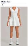 Summer Women Solid Tennis Dresses Sleeveless Turn Down Collar Pleated Skirts with Detachable Pocket Shorts Slim Yoga Golf Dress