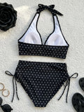 Black Polka Dot Print Bikini Set Women Ruffles V Neck Push Up Bra Drawstring Side High Waist Swimsuit 2026 Bathing Suit Swimwear