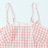 French Thin Style Sweet Plaid Camisole For Women With Lace Collar Slim Fit Semi Elastic Back Suitable For Seaside Vacations IHKJ