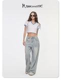 Hot girl top V-neck exposed navel contrasting color splicing clothes women's street short-sleeved T-shirt