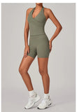 Women's Seamless Yoga Fitness Sets Sports Halter Neck Backless Vest Hip-lifting Slim Fit Shorts Suits Running Workout Gym Sets