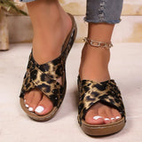 Plus Size 36-43 Leopard Print Sandals Women Summer 2025 Lightweight Wedges Slippers Woman Cross Band Thick Sole Slides Shoes
