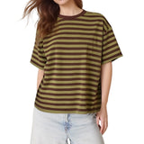 Striped Print Summer T-shirt for Women Loose Casual Contrast Short Sleeve Round Neck Basic Tops